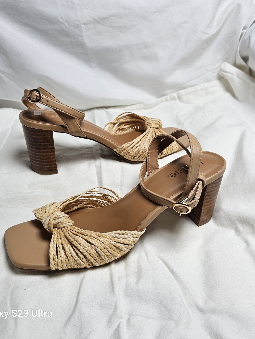 Braided Raffia Block Heel Sandals - Tan